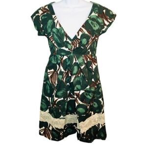 Zara Floral Pleat Front Fit and Flare Lace Bottom Dress Green S